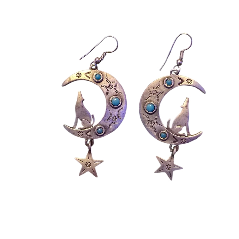 Silver Moon and Star Earrings with Turquoise Accents